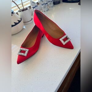 J. Crew Red Heels with Pearl Buckle